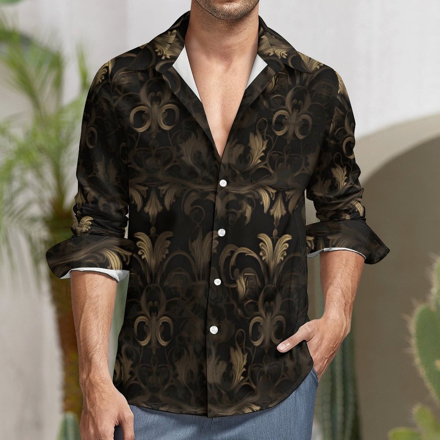 BLACK & GOLD ACCENT Men's Long Sleeve Shirt with Pocket-*XS-6XL