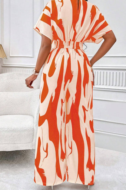 Printed V-Neck Short Sleeve Wide Leg Jumpsuit (black/orange/brown/green)-SMALL-2XL