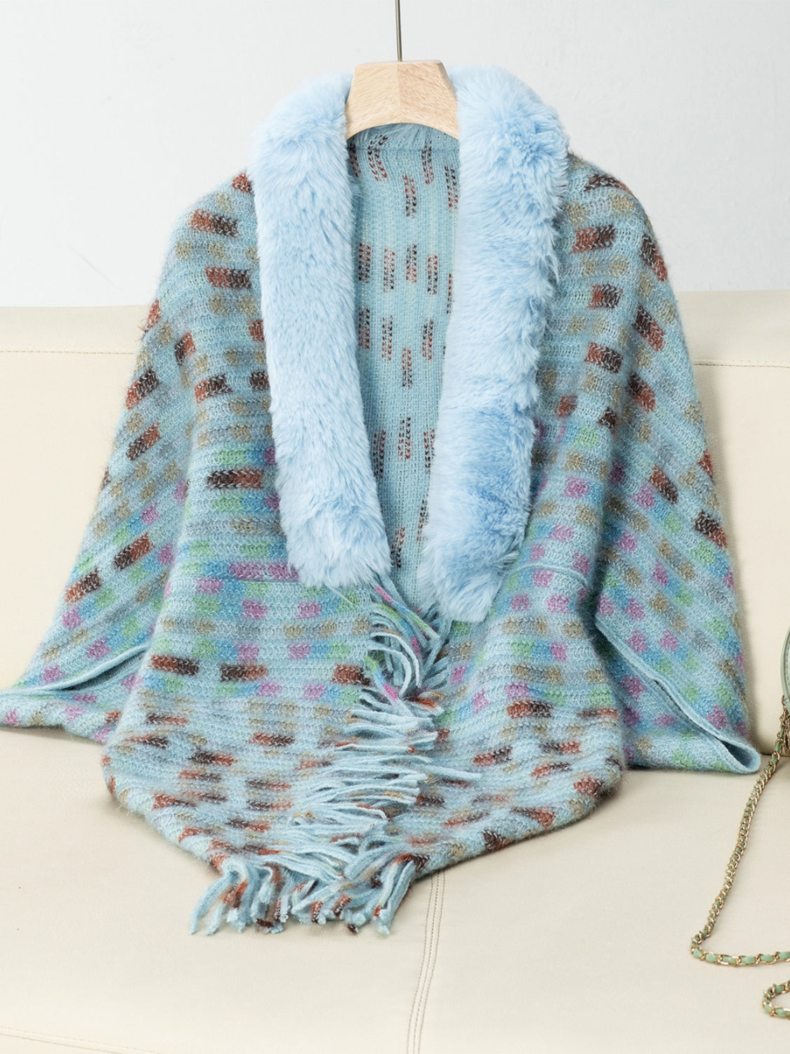 Fringe Fuzzy Open Front Poncho (cream/pink/brown/blue/khaki) ONE SIZE