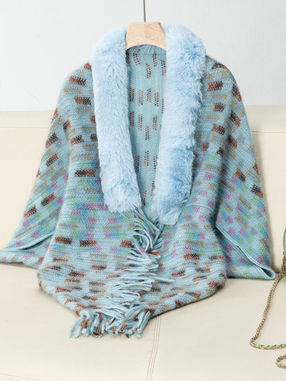Fringe Fuzzy Open Front Poncho (cream/pink/brown/blue/khaki) ONE SIZE