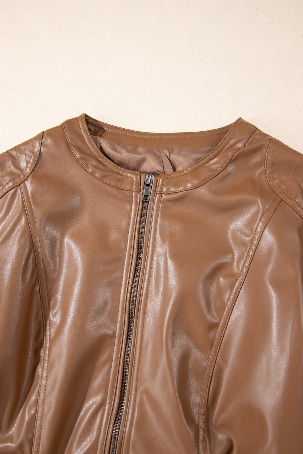 PU Leather Round Neck Long Sleeve Jacket (green/taupe/black)-SMALL-XL