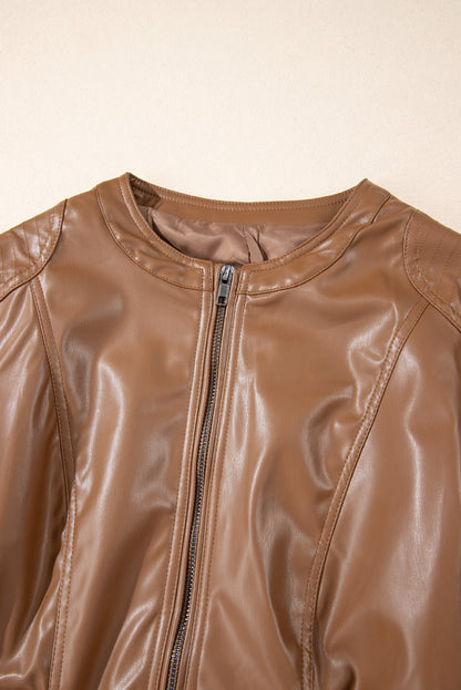 PU Leather Round Neck Long Sleeve Jacket (green/taupe/black)-SMALL-XL