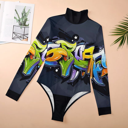 COLORFUL GRAFFITI High-collar Long-sleeve Bodysuit-SMALL-2XL