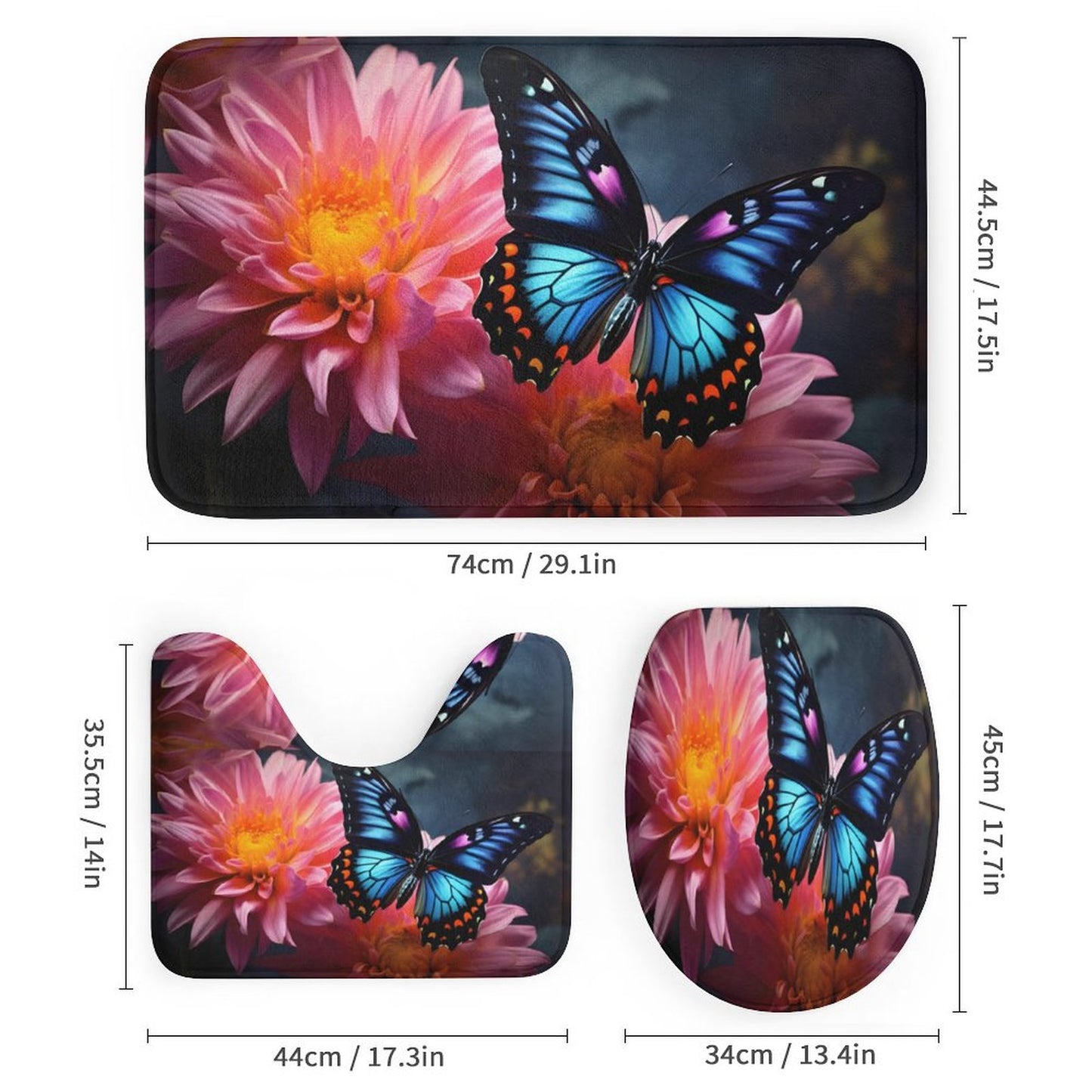 BLUE BUTTERFLY Shower Curtain Set with 3 Rugs