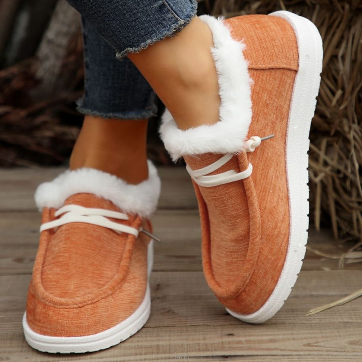 Lace Up Round Toe Furry Loafers (tangerine/black/lilac/light grey)
