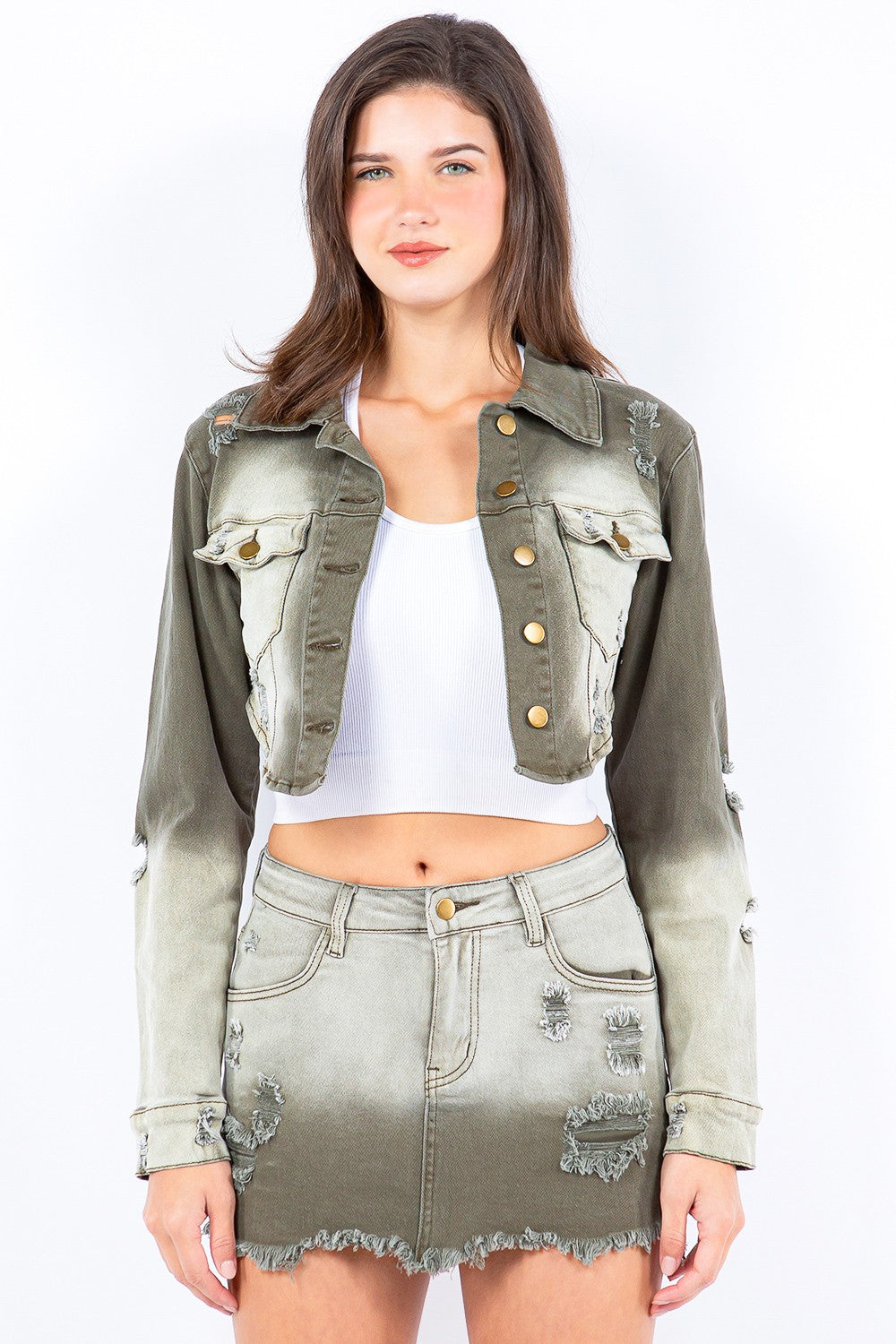 American Bazi Distressed Ombre Washed Cropped Denim Jacket (S/M/L)