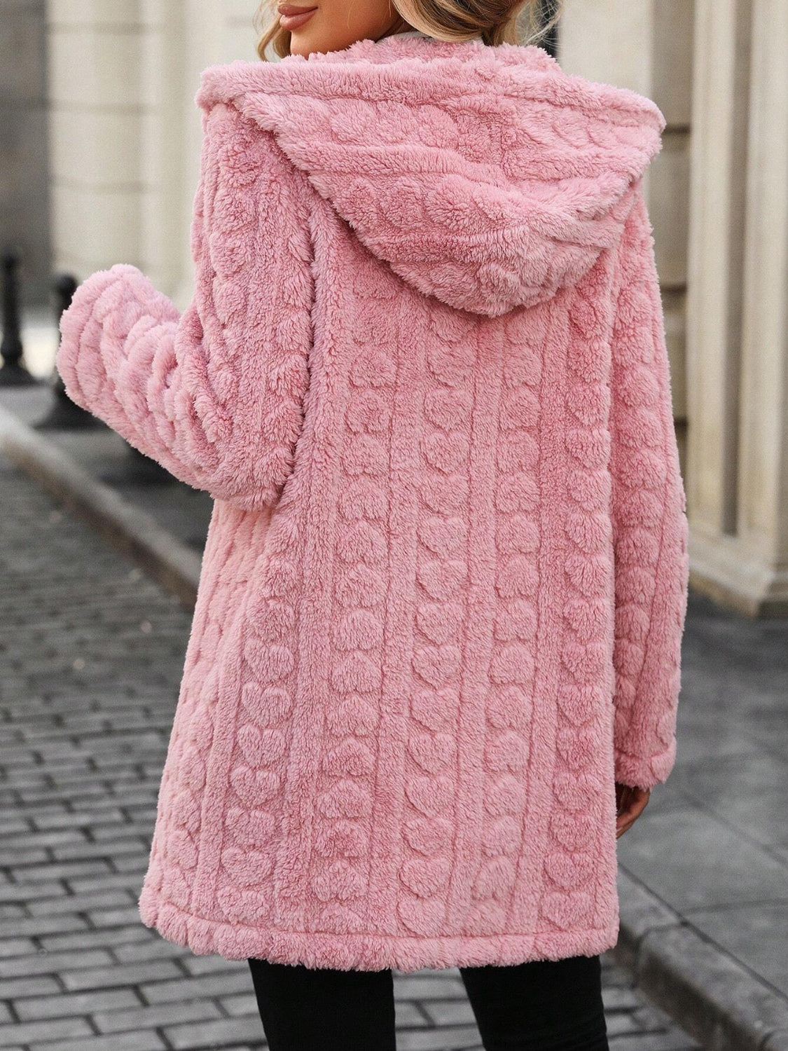 Heart Open Front Hooded Fuzzy Coat-SMALL-XL