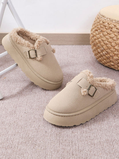 Thermal Fuzzy Buckle Platform Slippers (caramel/beige/black)