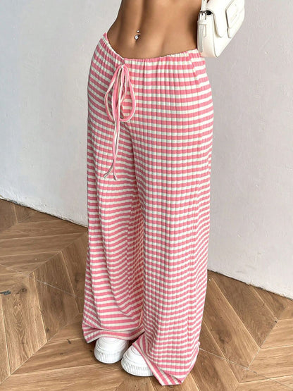 Tied Striped Wide Leg Pants (pink/grey/black/blue/taupe)-SMALL-2XL