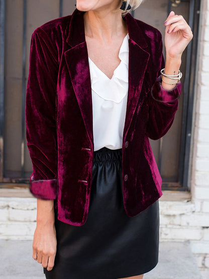Velvet Button Up Lapel Collar Blazer (Teal/black/burgundy)-SMALL-2XL