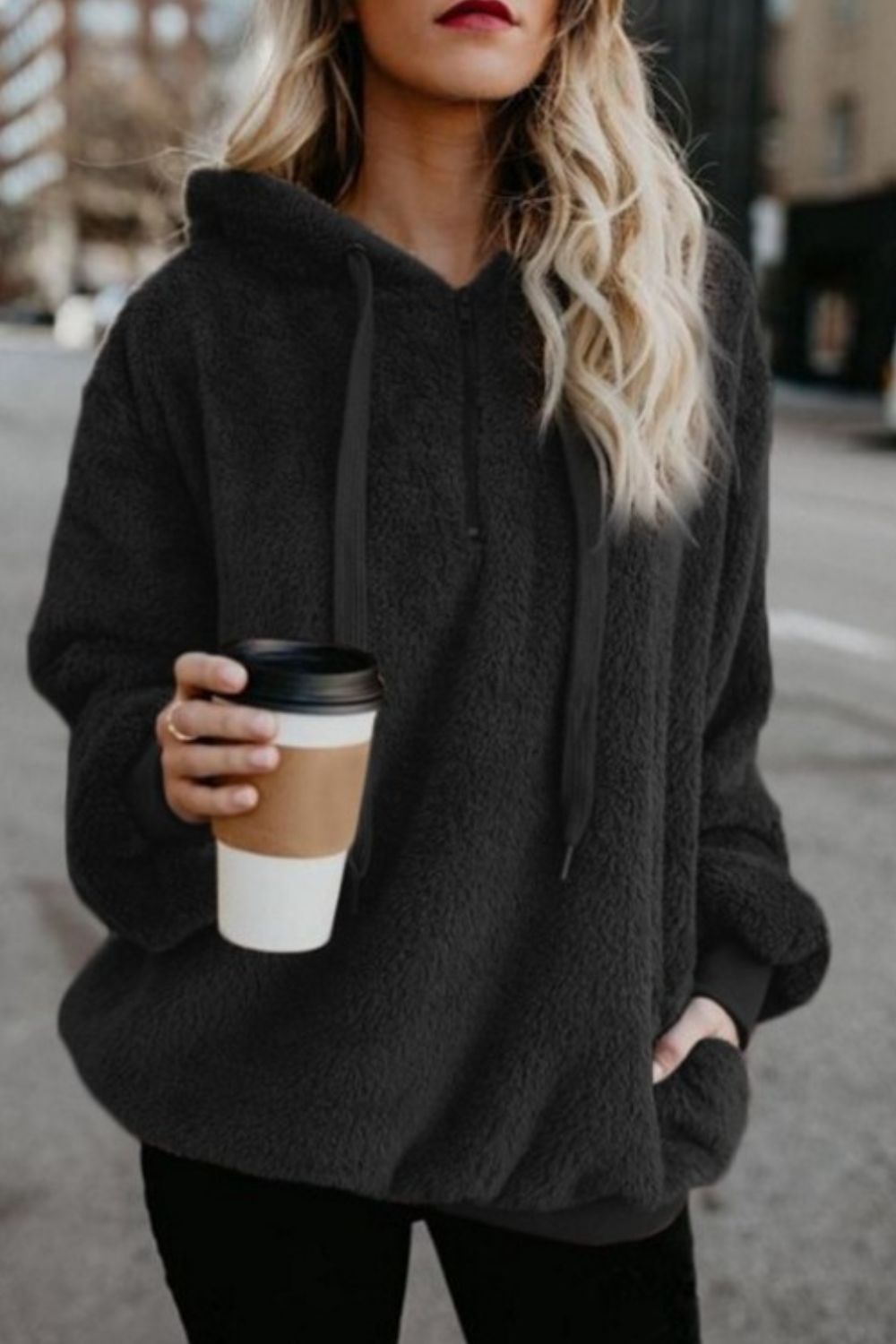 Full Size Quarter-Zip Drawstring Teddy Hoodie (many colors)-SMALL-3XL