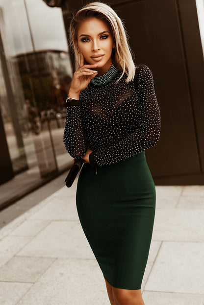Rhinestone Mock Neck Long Sleeve Dress (black/dark green)-S-XL