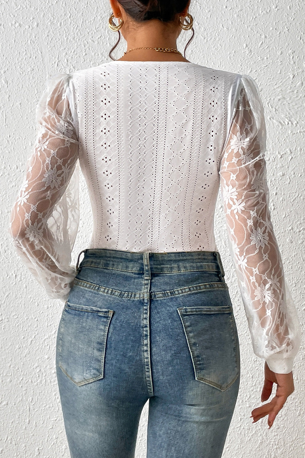 Eyelet Lace Long Sleeve Bodysuit (white/black)-SMALL-XL