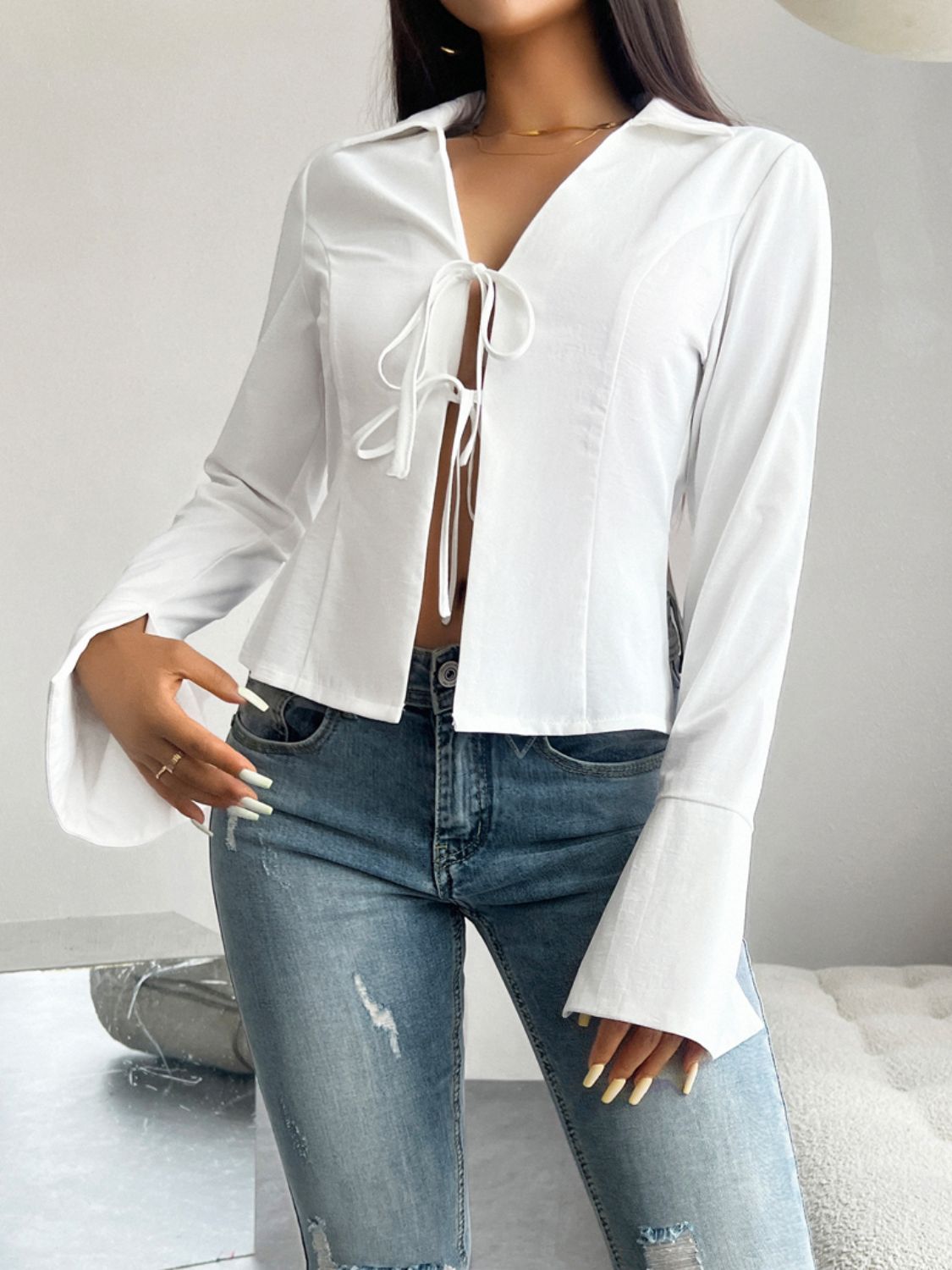 ON SALE:::Devine Slit Tied Collared Neck Long Sleeve Blouse-SMALL-XL