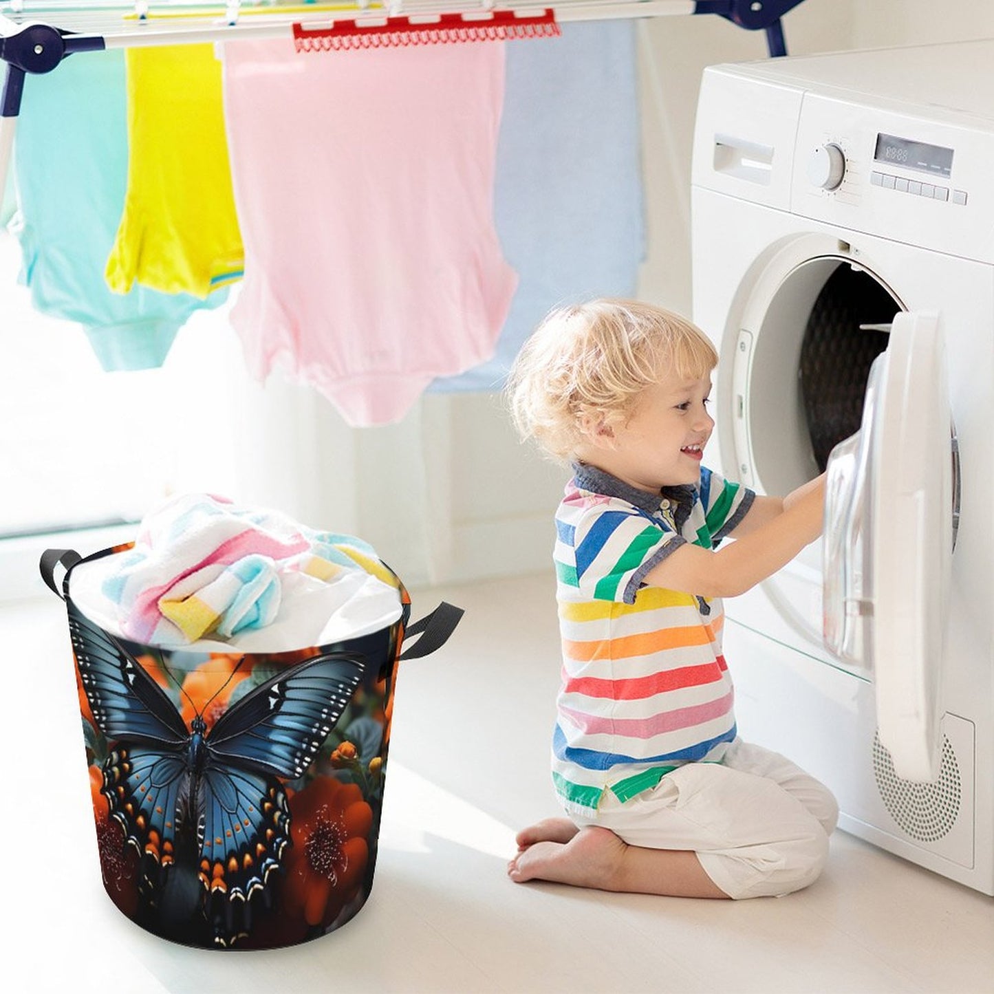 Oxford Collapsible Laundry Basket-BLUE BUTTERFLY