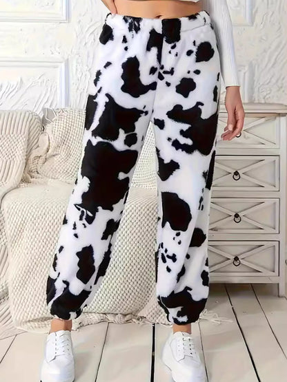 Faux Fur Cow Print Elastic Waist Pants-SMALL-2XL