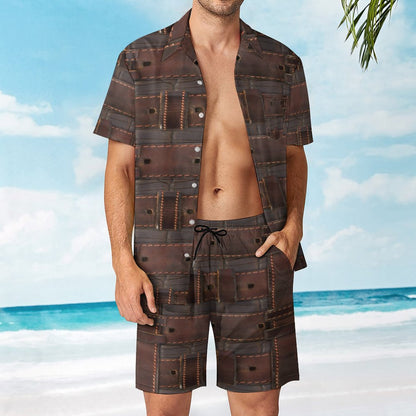 RUGGED LEATHER BUCKLE Print Hawaiian Short Suit for Men-XS-3XL
