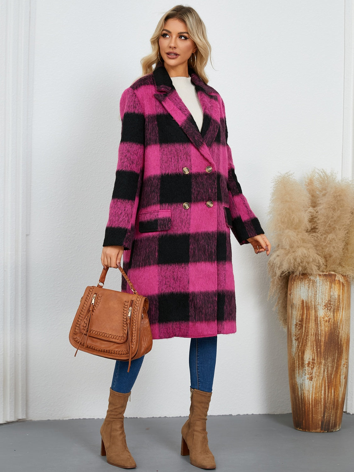 Plaid Double-Breasted Long Sleeve Coat (black/hot pink)-SMALL-XL