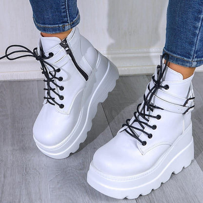 PU Leather Lace-Up Wedge Boots (white or black)
