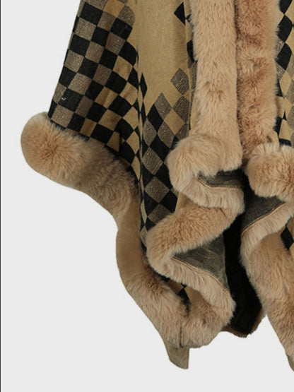 Fuzzy Checkered Long Sleeve Poncho (beige/tan/pink/navy/black)