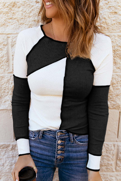 Color Block Round Neck Long Sleeve Blouse (brown/grey/white/kaki/burgundy/blue/green)-S-XL