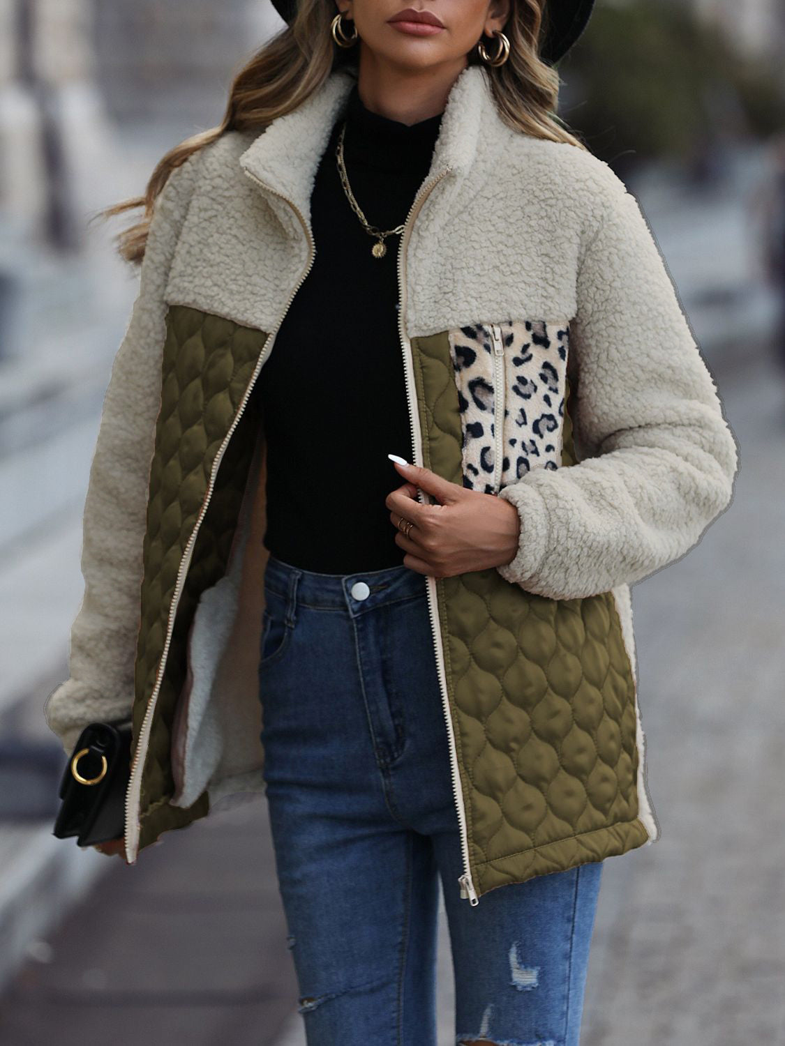 Leopard Color Block Zip-Up Jacket (caramel/green/burgundy/black/gray/orange-red-SMALL-XL