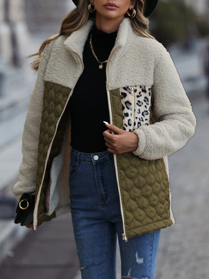 Leopard Color Block Zip-Up Jacket (caramel/green/burgundy/black/gray/orange-red-SMALL-XL