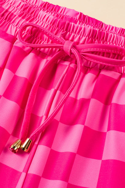 Drawstring Checkered Shorts with Pockets (black/hot pink)-S-XL