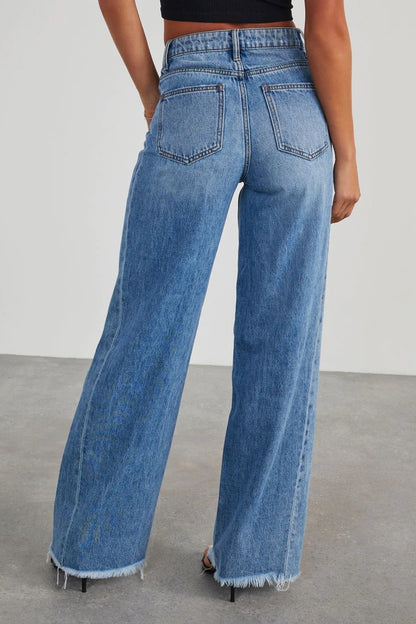 Raw Hem Wide Leg Jeans with Pockets-SMALL-XL
