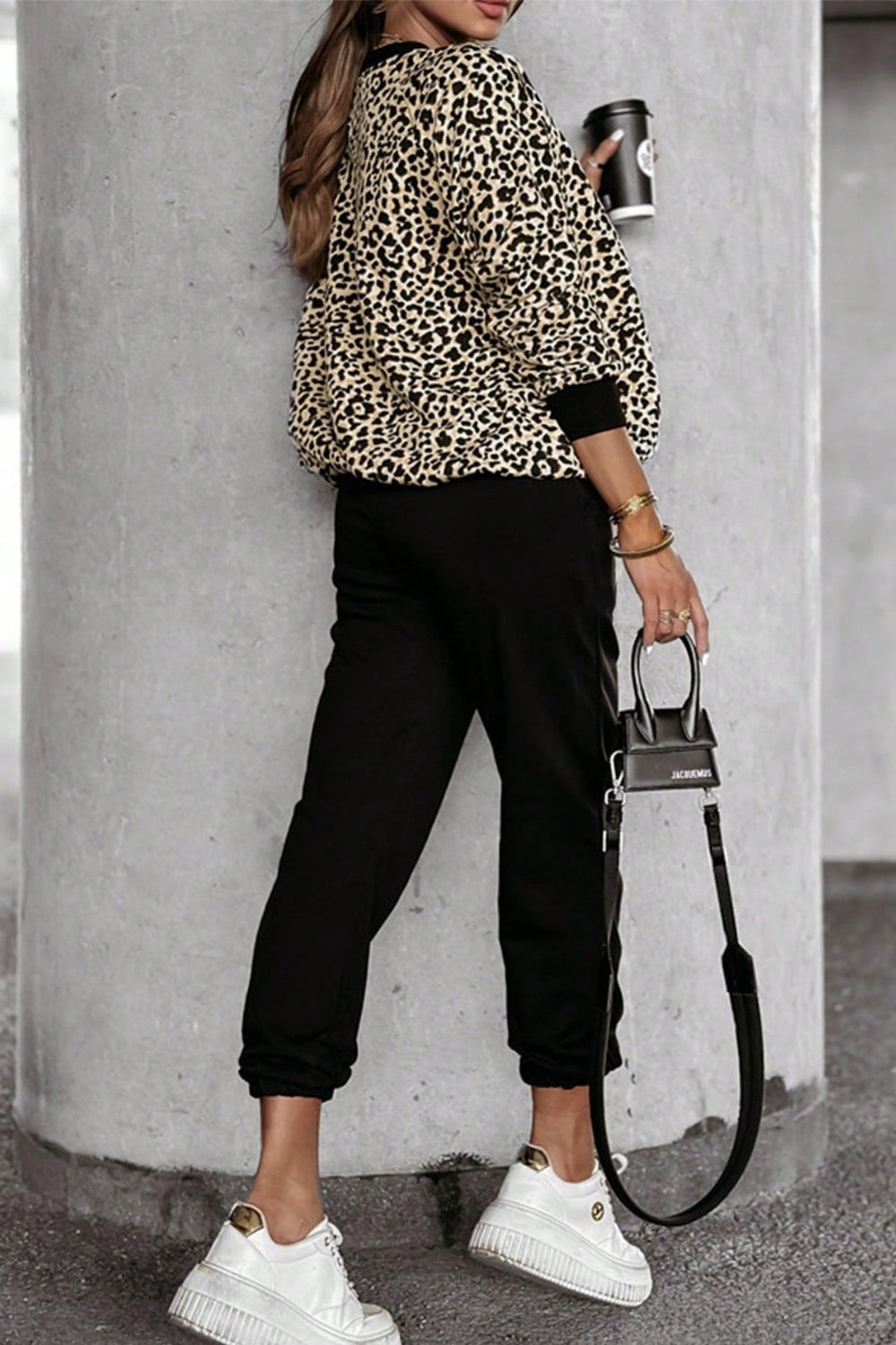 ON SALE::::Letter M Leopard Round Neck Top and Pants Set (white/burgundy/tan)-S-XL