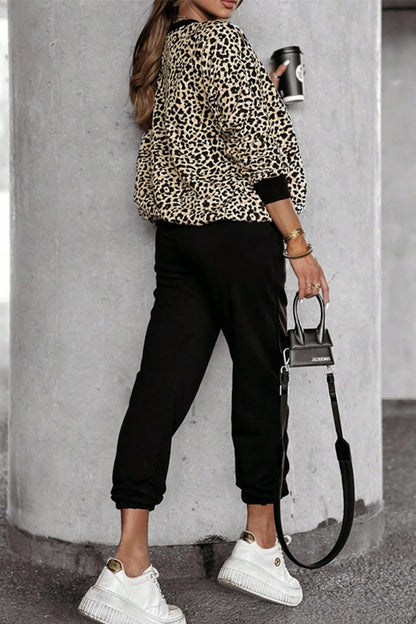 ON SALE::::Letter M Leopard Round Neck Top and Pants Set (white/burgundy/tan)-S-XL