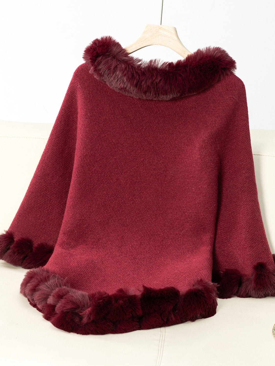 Fuzzy Trim Texture Three-Quarter Sleeve Poncho (beige/camel/grey/brown/black/burgundy)