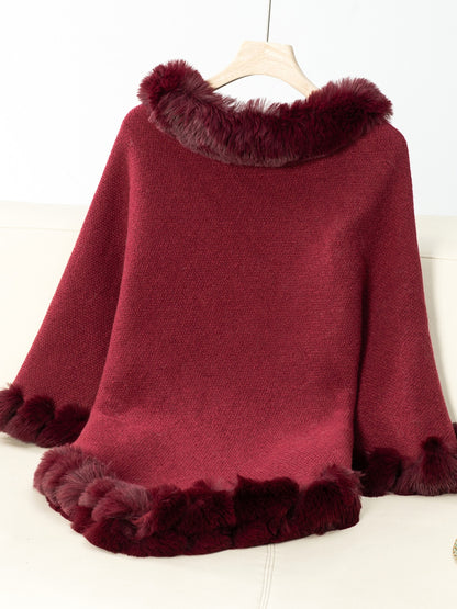 Fuzzy Trim Texture Three-Quarter Sleeve Poncho (beige/camel/grey/brown/black/burgundy)
