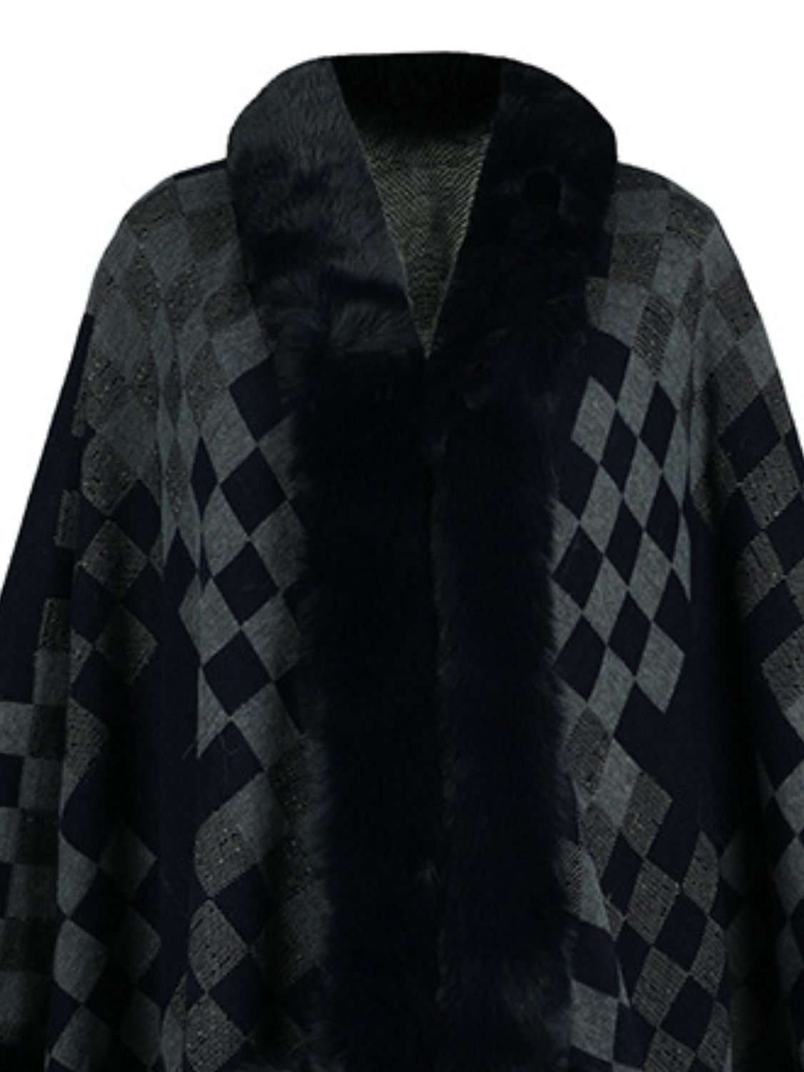 Fuzzy Checkered Long Sleeve Poncho (beige/tan/pink/navy/black)