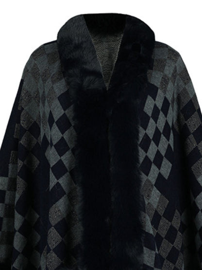 Fuzzy Checkered Long Sleeve Poncho (beige/tan/pink/navy/black)