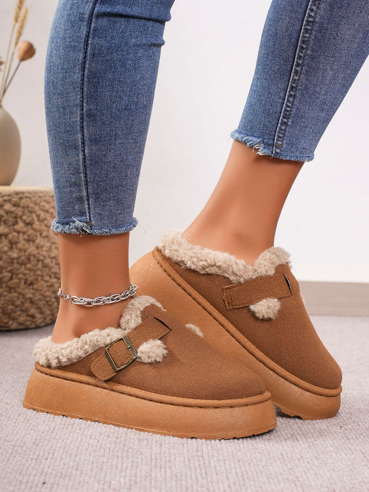 Thermal Fuzzy Buckle Platform Slippers (caramel/beige/black)