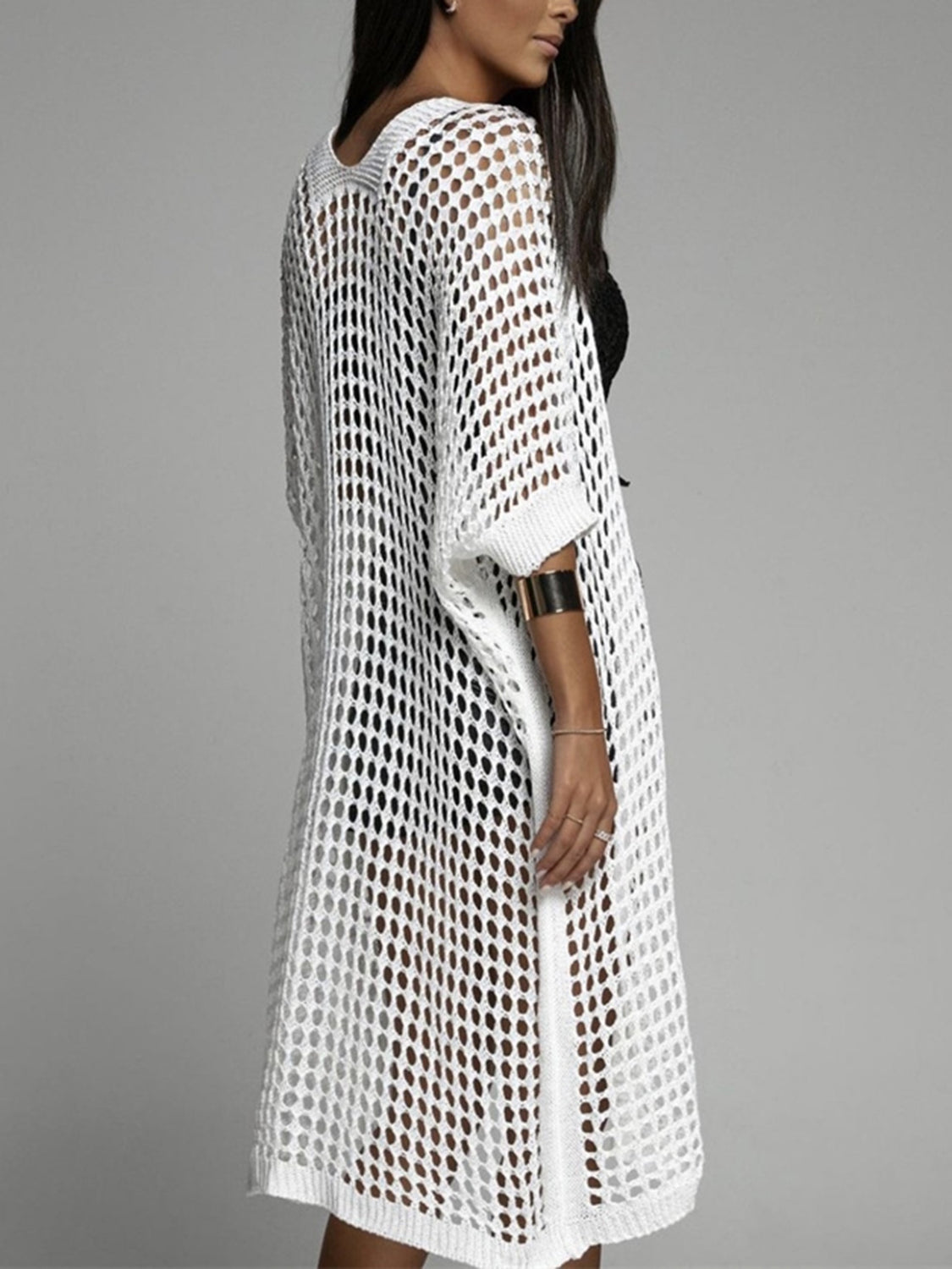 Openwork Open Front Three-Quarter Sleeve Cover Up(cream/white/apricot/black/lt. blue)-SMALL-XL