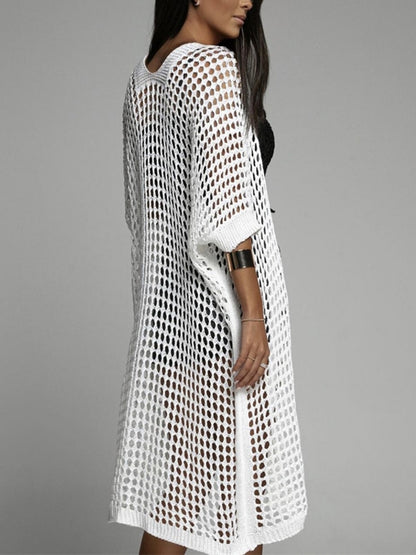 Openwork Open Front Three-Quarter Sleeve Cover Up(cream/white/apricot/black/lt. blue)-SMALL-XL