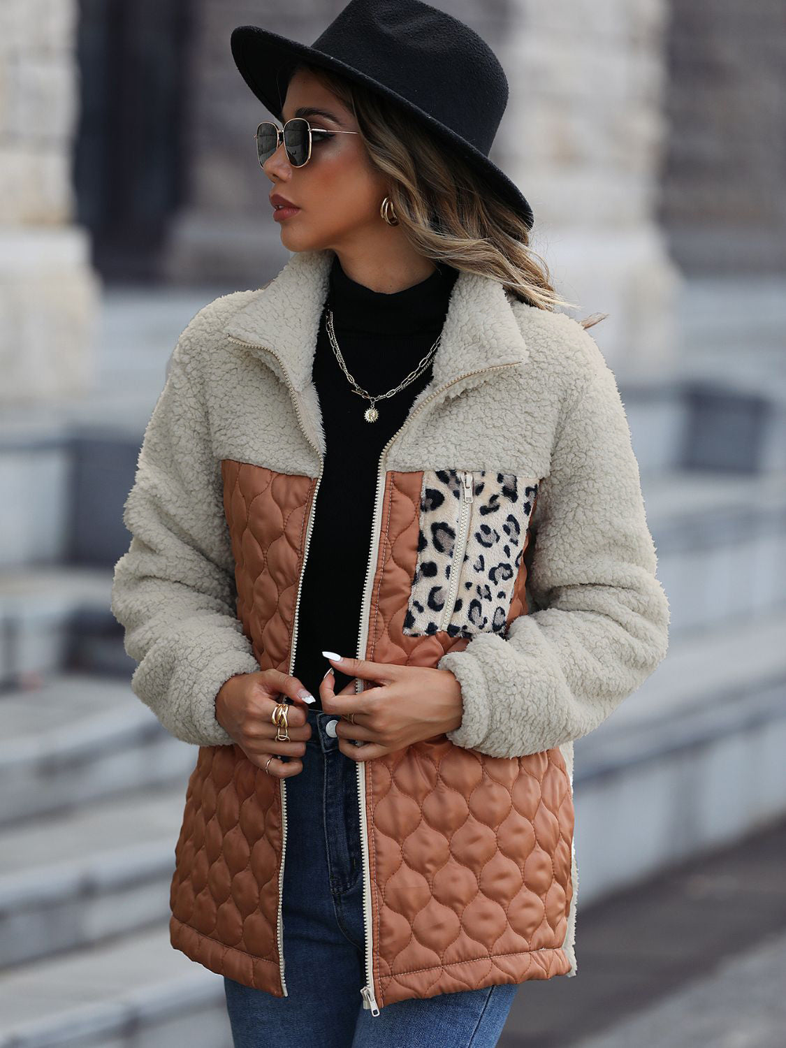Leopard Color Block Zip-Up Jacket (caramel/green/burgundy/black/gray/orange-red-SMALL-XL