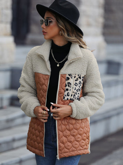 Leopard Color Block Zip-Up Jacket (caramel/green/burgundy/black/gray/orange-red-SMALL-XL