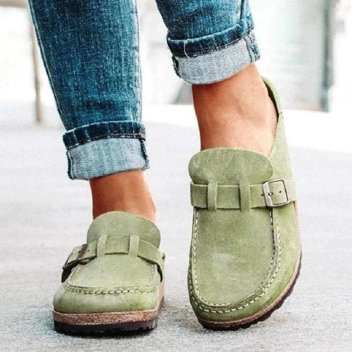 Round Toe Low Heel Buckle Loafers (khaki/black/purple/sage/caramel)