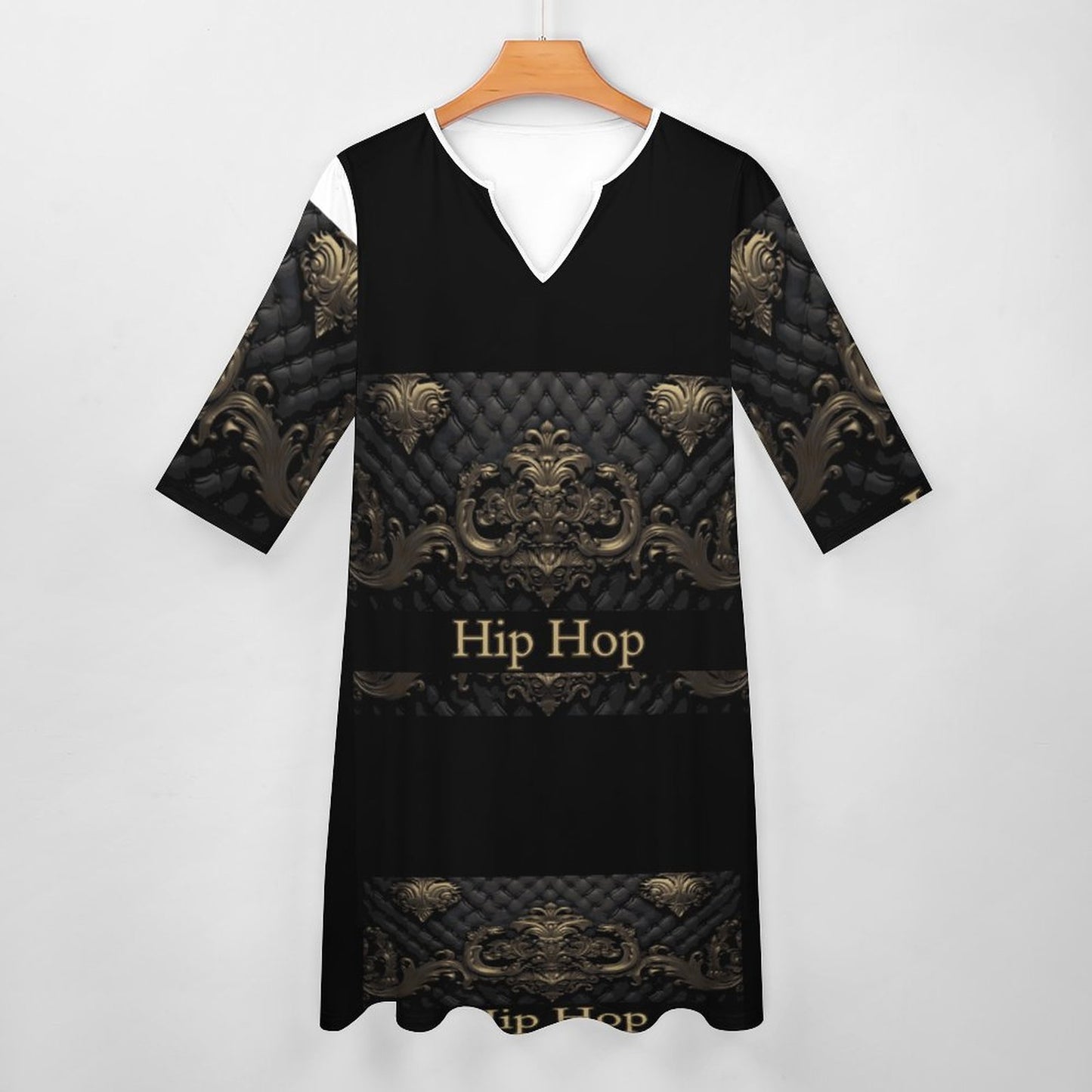 V-neck 3/4 Sleeve Dress with Pockets (All-Over Printing)