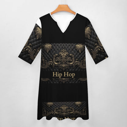 V-neck 3/4 Sleeve Dress with Pockets (All-Over Printing)