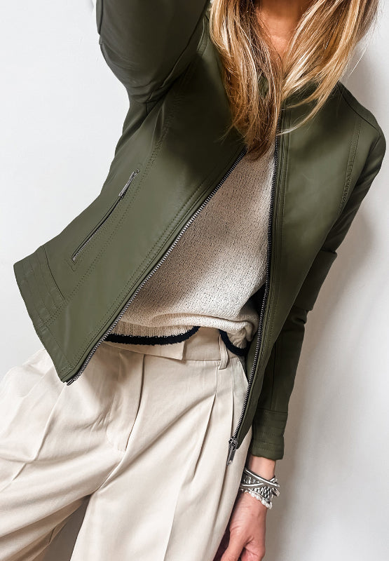 PU Leather Round Neck Long Sleeve Jacket (green/taupe/black)-SMALL-XL