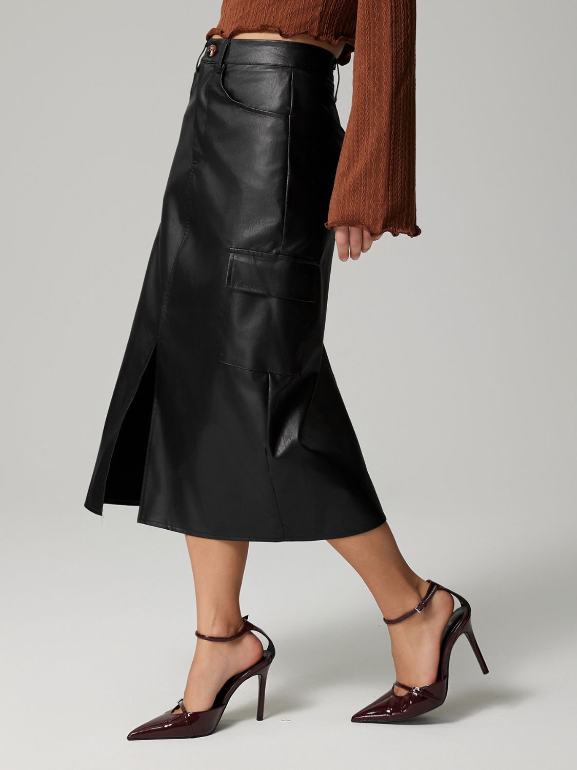 PU Leather Slit Midi Skirt with Pockets (dk. brown/black)-SMALL-XL