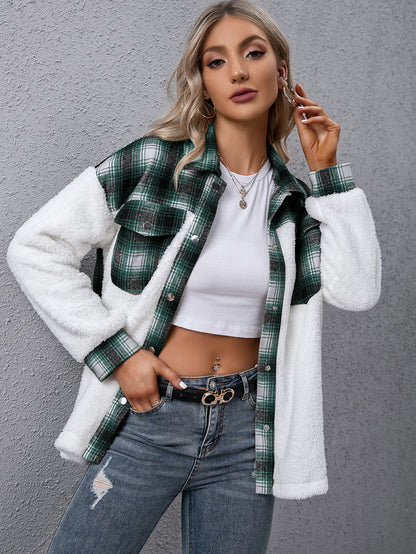 Ivy Lane Plaid Collared Neck Button Down Jacket-SMALL-XL