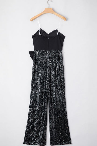 Bow Sequin Wide Leg Jumpsuit-SMALL-XL