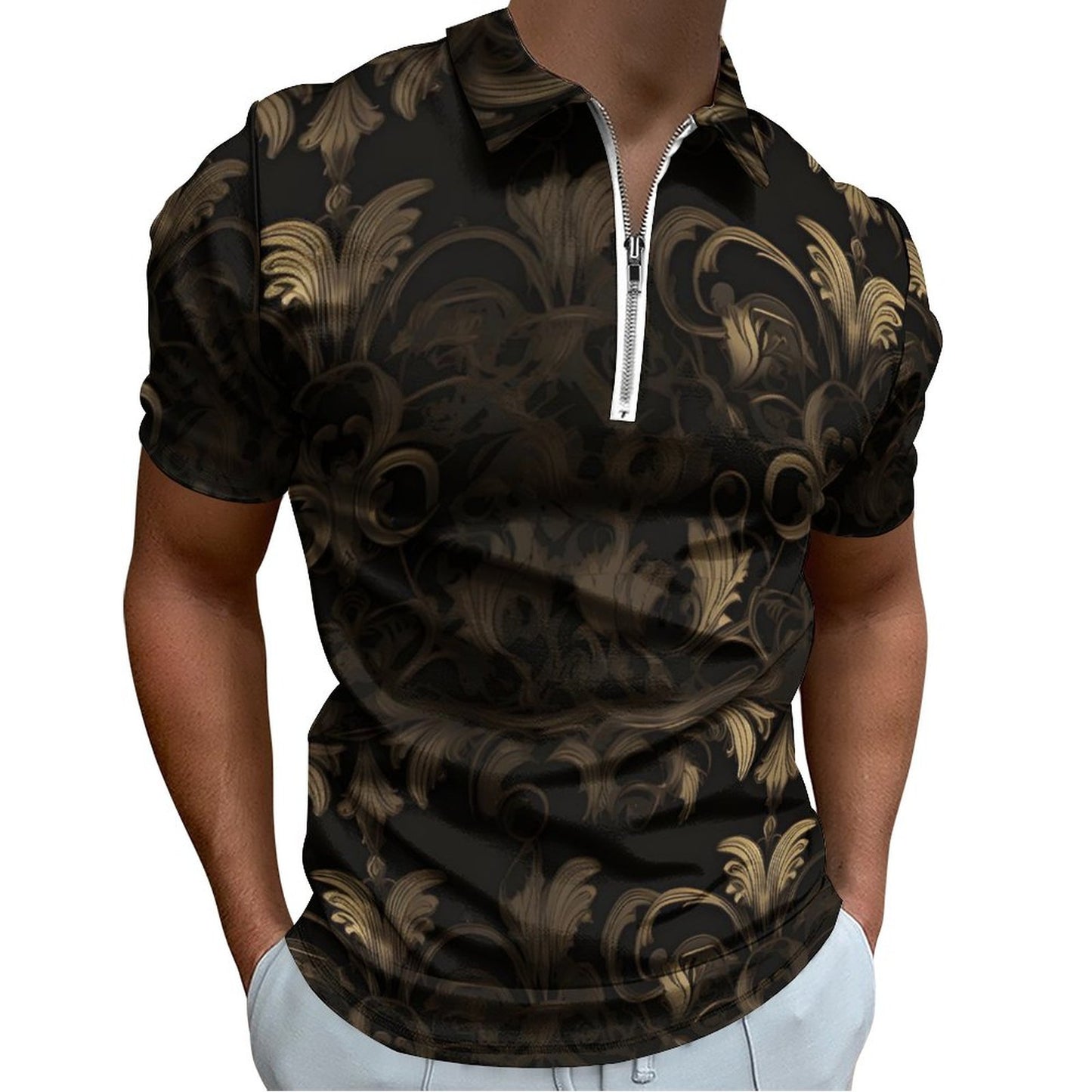 BLACK & GOLD ACCENT Men's Short Sleeve POLO Shirt with Zipper-2XS-6XL