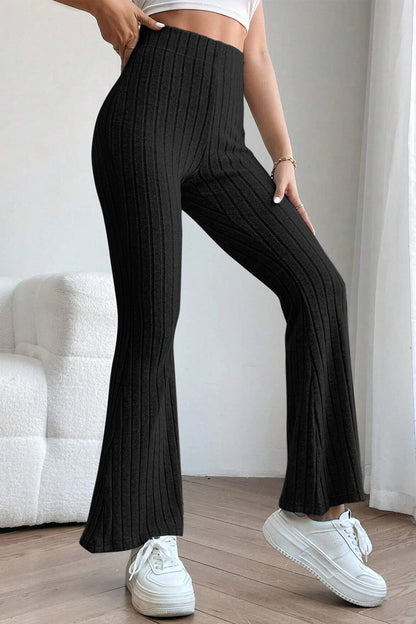 0N SALE:::Full Size Ribbed High Waist Flare Pants (black/blue/teal/grey)-SMALL-3XL