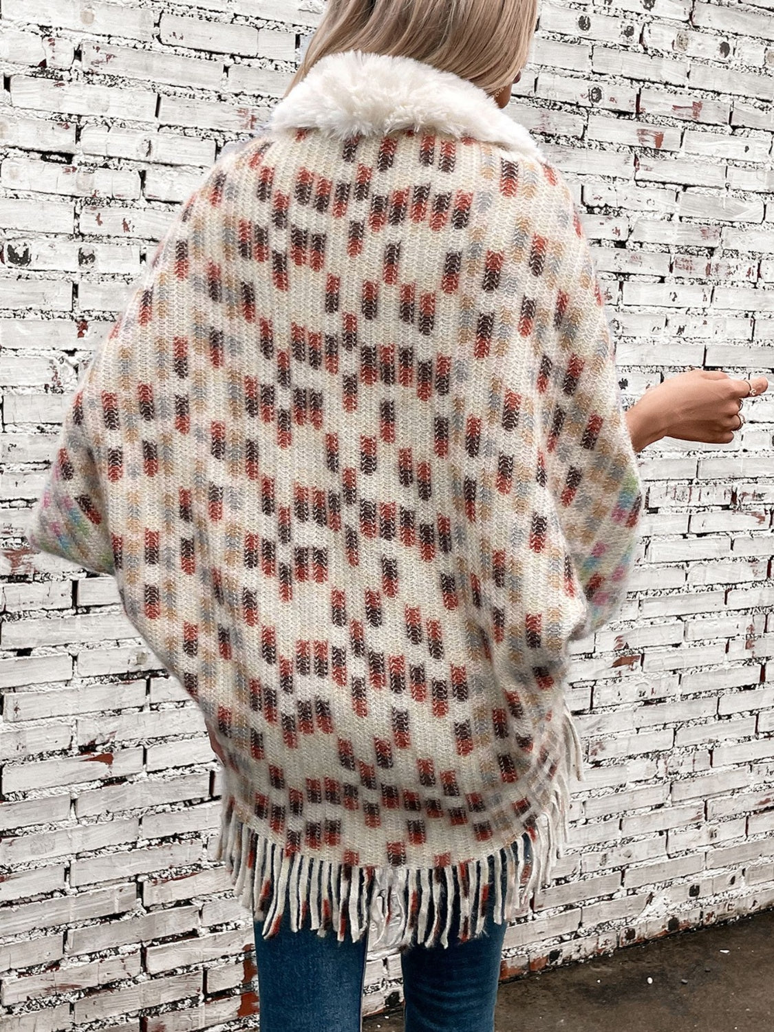 Fringe Fuzzy Open Front Poncho (cream/pink/brown/blue/khaki) ONE SIZE